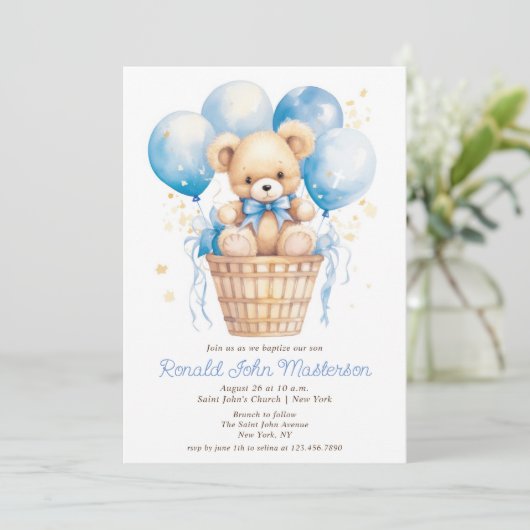 テディベアボーイバプテスマ付き水彩風船 招待状 (スタンド正面)