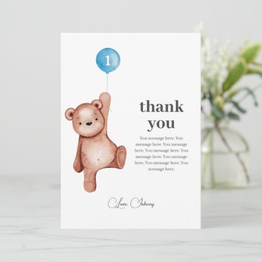 テディベアボーイファースト誕生日サンキューカード サンキューカード (スタンド正面)