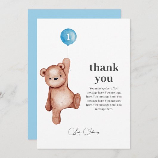 テディベアボーイファースト誕生日サンキューカード サンキューカード (正面/裏面)