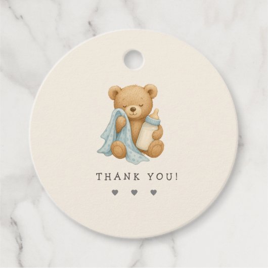 テディベアボーイ赤ちゃんシャワーメッセージカード フェイバータグ (正面)