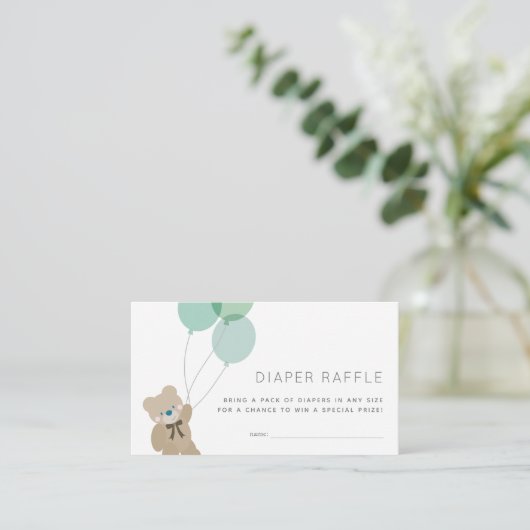 テディベアミントベイビーシャワーおむつラッフルチケット エンクロージャーカード (スタンド正面)