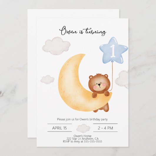 テディベアムーンアンドスターズブルーバルーン誕生日 招待状 (正面/裏面)