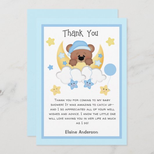 テディベアムーンスターズ男の赤ちゃんシャワーサンキュー 招待状 (正面/裏面)