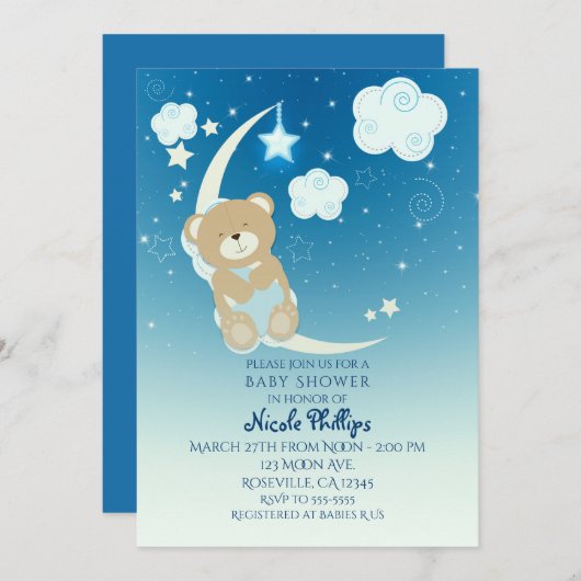 テディベアムーン&スターズベビーシャワー招待状 招待状 (正面/裏面)