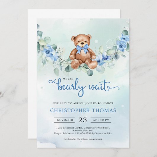 テディベアユーカリリースボーイベビーシャワー 招待状 (正面/裏面)
