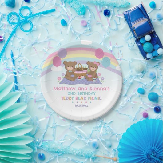 テディベアラインボーツインボーイガール誕生日 ペーパープレート (パーティー)