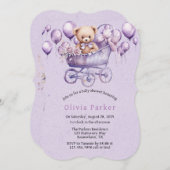 テディベアラベンダーキャリッジガールベビーシャワー 招待状 (正面/裏面)