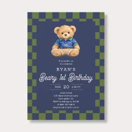 テディベアリ1歳の誕生日 チェック柄 ブルー グリーン 招待状