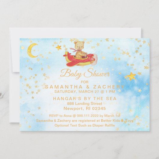 *~*テディベアレッド飛行機ベビースターズボーイシャワー 招待状 (裏面)