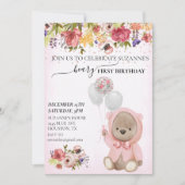 テディベアワンファースト誕生日ピンクガール 招待状 (正面)