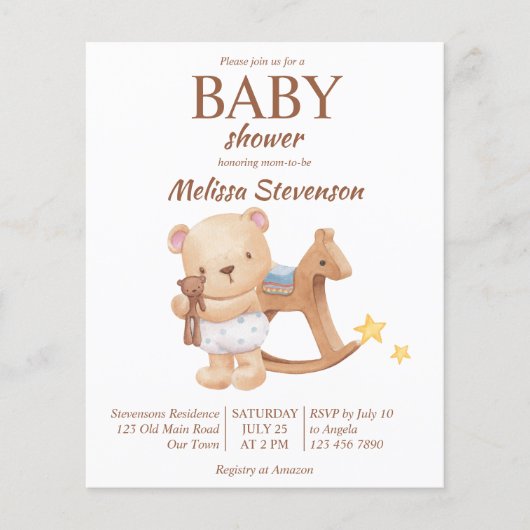 テディベアヴィンテージおもちゃベビーシャワー予算招待状 (正面)