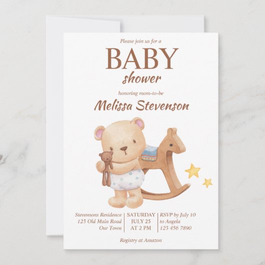 テディベアヴィンテージおもちゃボホベイビーシャワー 招待状 (正面)