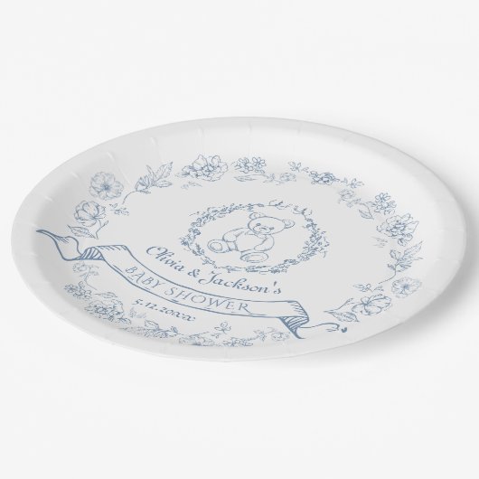 テディベアヴィンテージチノワズリーリースベビーシャワー ペーパープレート (アングル)