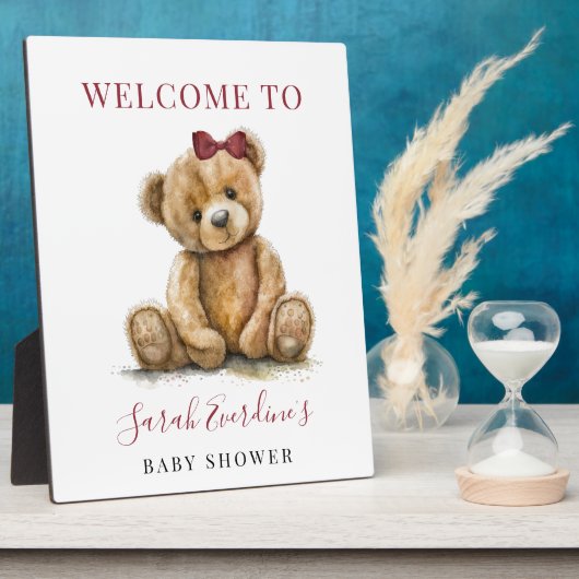 テディベアーウォーターの色の女の子ベビーシャワーへようこそ フォトプラーク (側面)