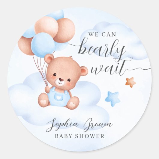 テディベアーウォーター色の男の子ベビーシャワー ラウンドシール (正面)