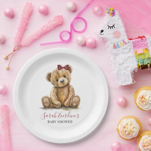 テディベアーウォーター色ガールベビーシャワー ペーパープレート (パーティー)