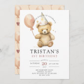 テディベアーウォーター色ボーイの最初の誕生日 招待状 (正面/裏面)