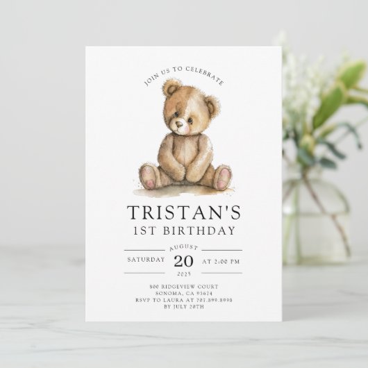 テディベアーウォーター色ボーイの最初の誕生日 招待状 (スタンド正面)