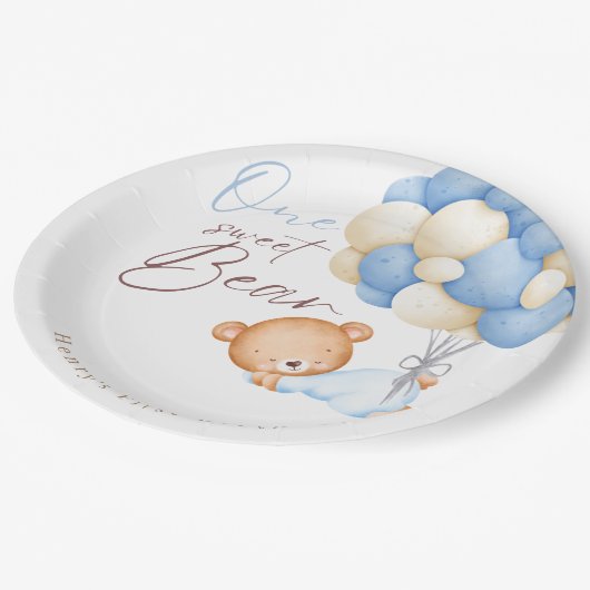 テディベアーウォーター色ボーイ1st誕生日パーティー ペーパープレート (アングル)