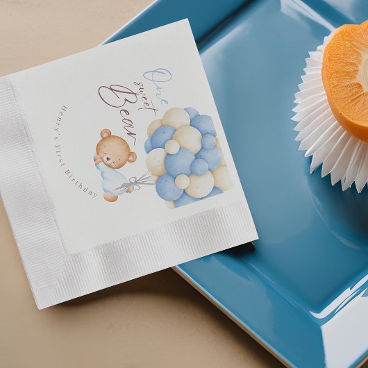 テディベアーウォーター色ボーイ1st誕生日パーティー 縁ありカクテルナプキン