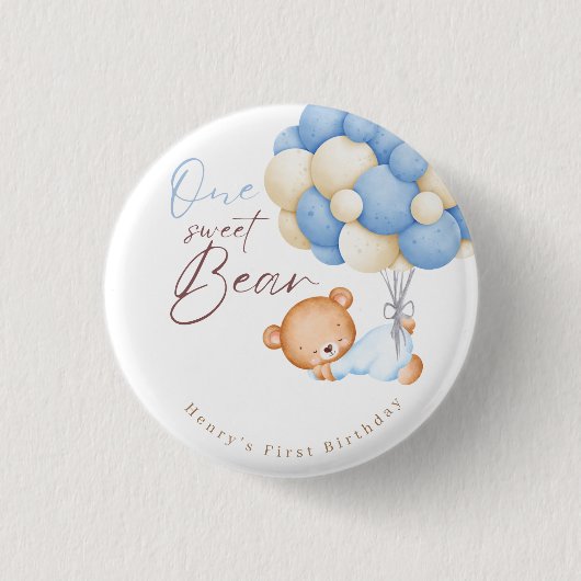 テディベアーウォーター色ボーイ1st誕生日パーティー 缶バッジ (正面)