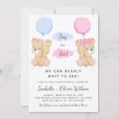 テディベアーガールまたは少年テーマ性別リビールパーティー 招待状 (正面)