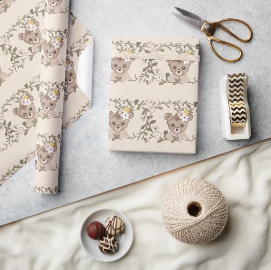 テディベアーガールフローラ緑ベビーシャワー ラッピングペーパー (クラフト)