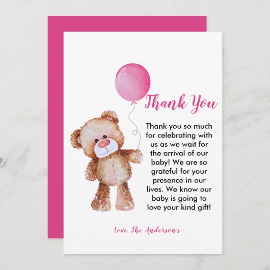 テディベアーガールベビーシャワーサンキューカード サンキューカード (正面/裏面)