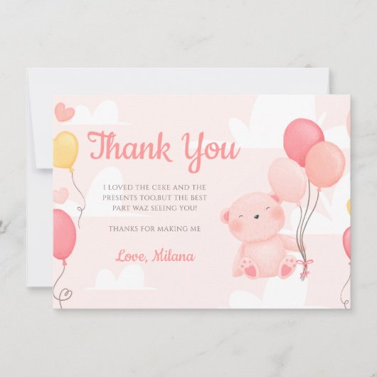 テディベアーガールベビーシャワーサンキューカード 招待状 (正面)