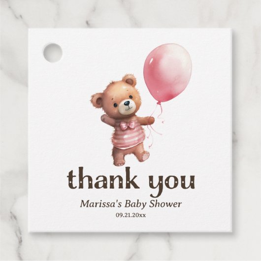 テディベアーガールベビーシャワーメッセージカード フェイバータグ (正面)