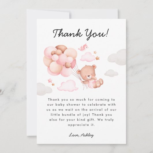テディベアーガールベビーシャワー サンキューカード (正面)