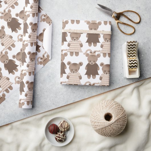 テディベアーガールベビーシャワー ラッピングペーパー (クラフト)