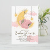 テディベアーガールムーンスターズ赤面ピンクベビーシャワー 招待状 (スタンド正面)