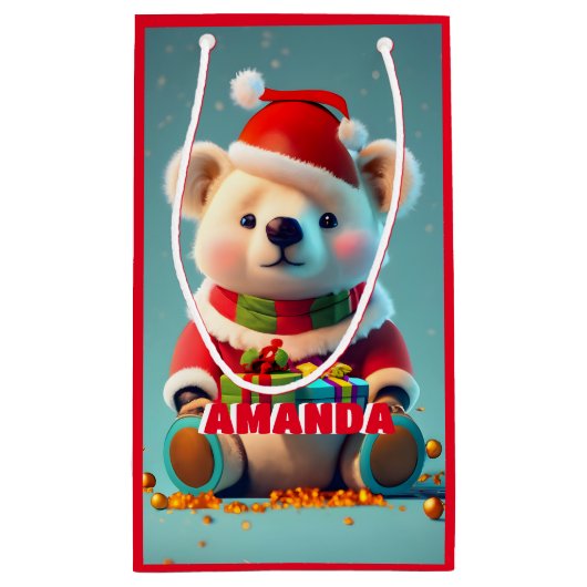 テディベアークリスマスキッズレッドパーソナライズされた（赤） スモールペーパーバッグ (裏面)