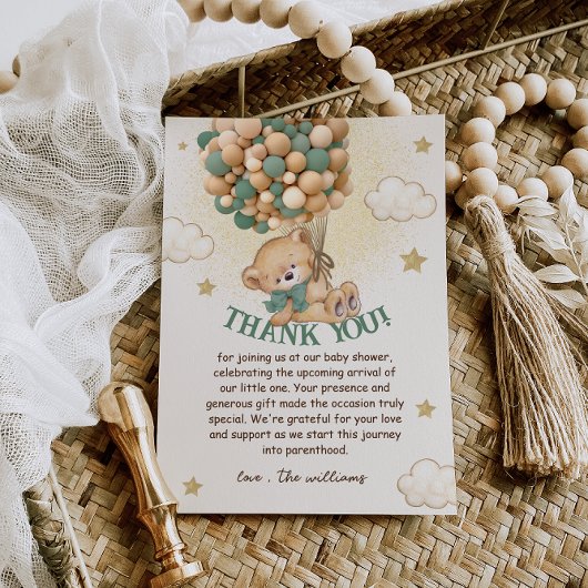 テディベアーグリーンブラウン赤ちゃんシャワー サンキューカード