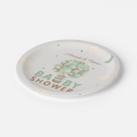 テディベアーグリーンホットエアバルーンベビーシャワー ペーパープレート (アングル)