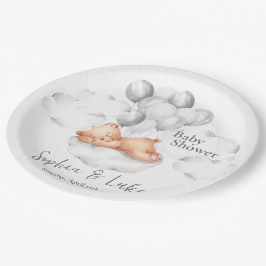 テディベアーグレイ風船ボーイベビーシャワー ペーパープレート (アングル)