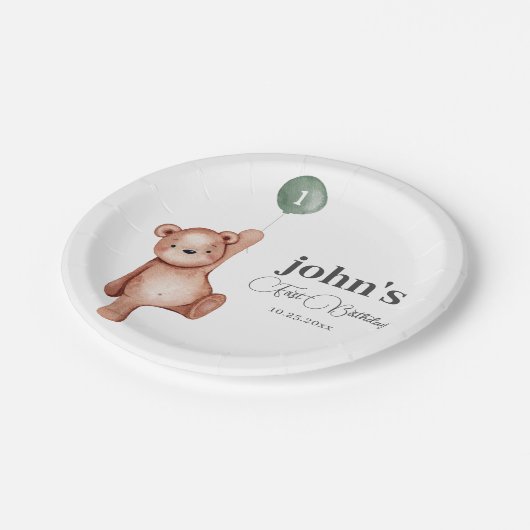 テディベアーサージグリーンファースト誕生日パーティー ペーパープレート (アングル)