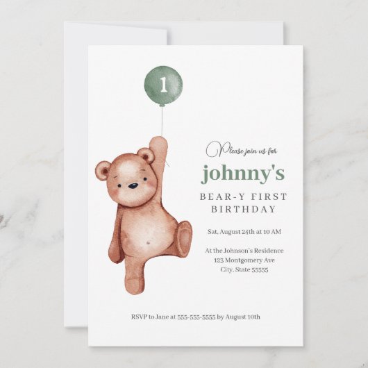 テディベアーサージグリーンファースト誕生日パーティー 招待状 (正面)