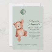 テディベアーサージグリーンファースト誕生日パーティー 招待状 (正面)