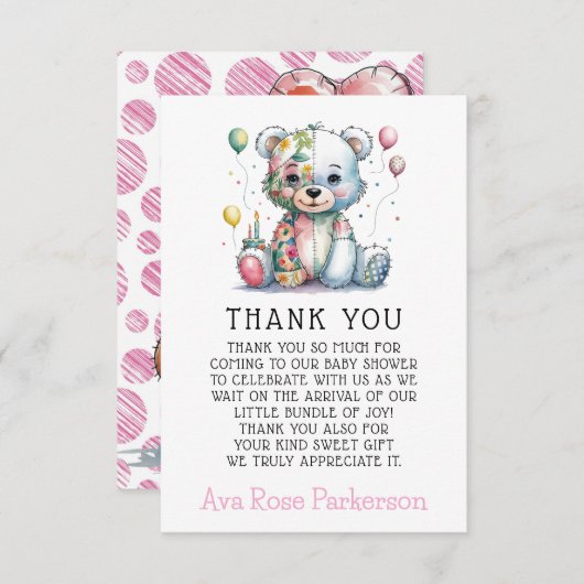 テディベアーシックな女の子ベビーシャワーありがとう サンキューカード (正面/裏面)