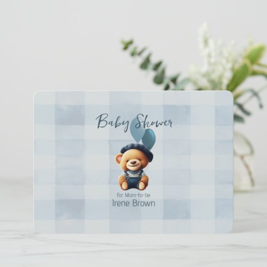 テディベアージャンベビーシャワーブルー招待状 招待状 (スタンド正面)
