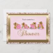 テディベアーズのピンク&金ゴールドダマスク |ベビーシャワー 招待状 (正面)