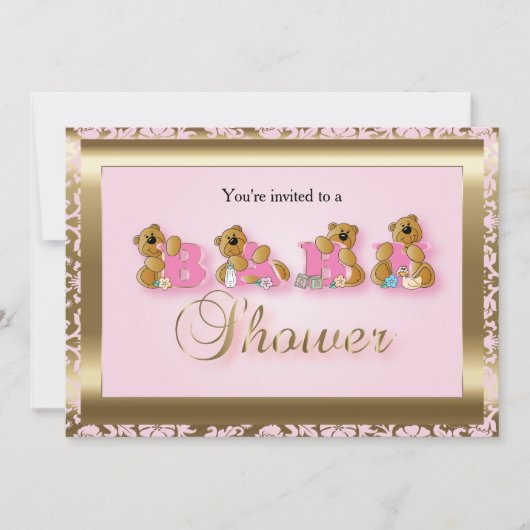テディベアーズのピンク&金ゴールドダマスク |ベビーシャワー 招待状 (正面)