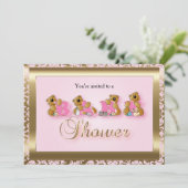テディベアーズのピンク&金ゴールドダマスク |ベビーシャワー 招待状 (スタンド正面)