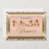テディベアーズの桃と金ゴールドダマスク |ベビーシャワー 招待状 (正面)