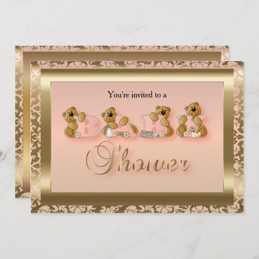 テディベアーズの桃と金ゴールドダマスク |ベビーシャワー 招待状 (正面/裏面)