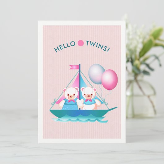 テディベアーズツインガール&ボーイベビーシャワー招待状 招待状 (スタンド正面)