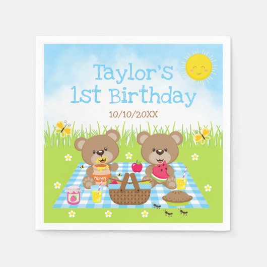 テディベアーズピクニックブルージンガム誕生日パーティー スタンダードカクテルナプキン (正面)