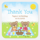 テディベアーズピクニック誕生日ブルーギンガムサンキュー スクエアシール (正面)